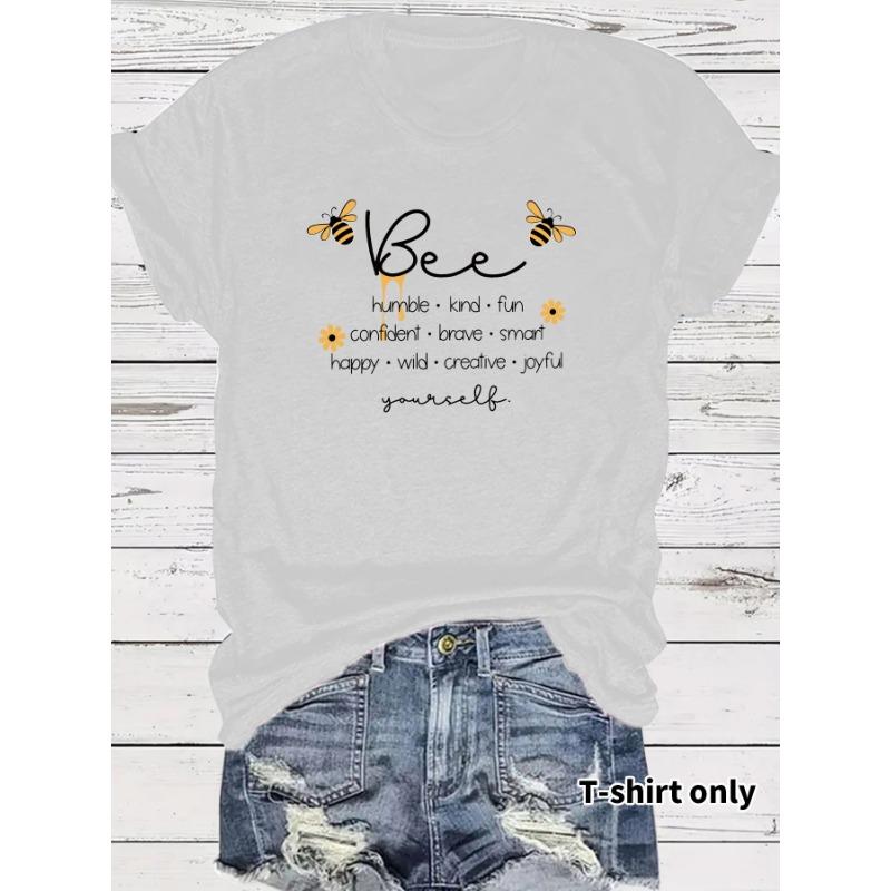 Women's Casual and Fashionable T-shirt with A Round Neck and Short Sleeves Featuring Bee and Letter Patterns
