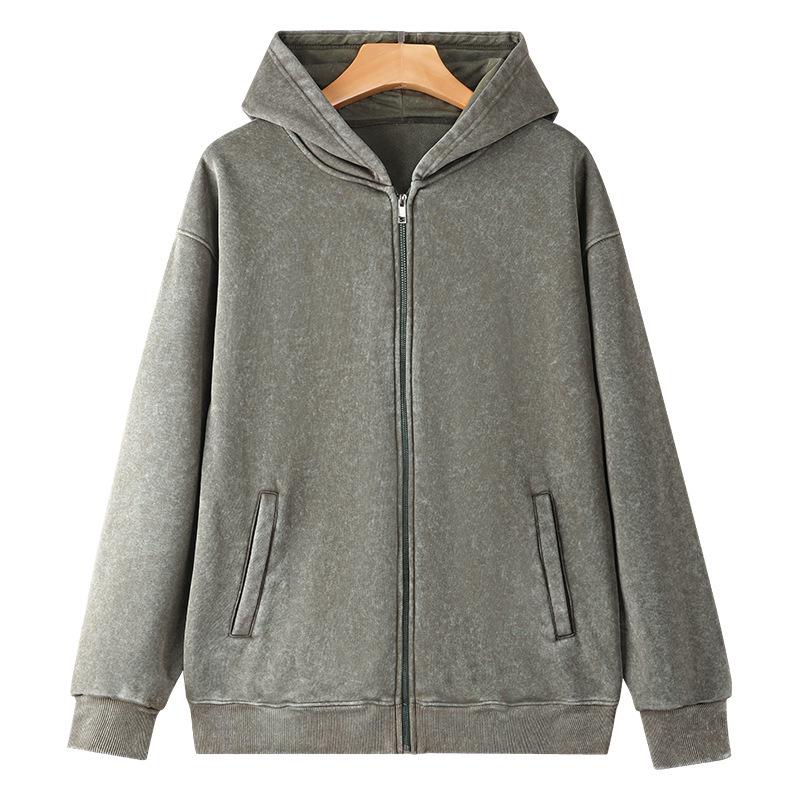 

2025 Vintage Washed 350g Zipper Hoodie Cardigan for Autumn/Winter XL темно-зелений колір