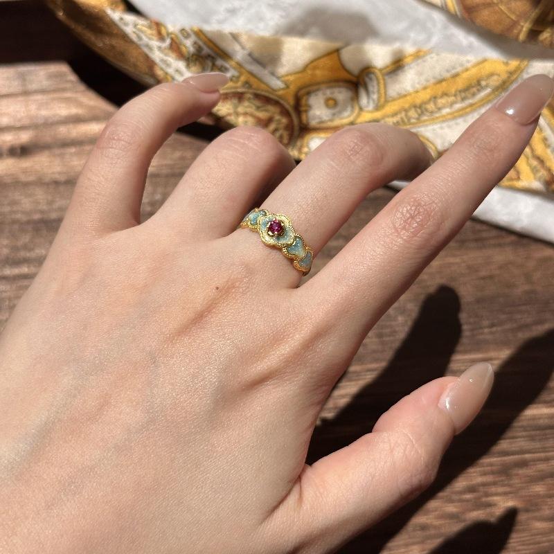 Vintage Retro Blue Flower Enamel Drip Glaze Ruby Ring Chinese Elegant And Noble Court Style Index Finger Ring