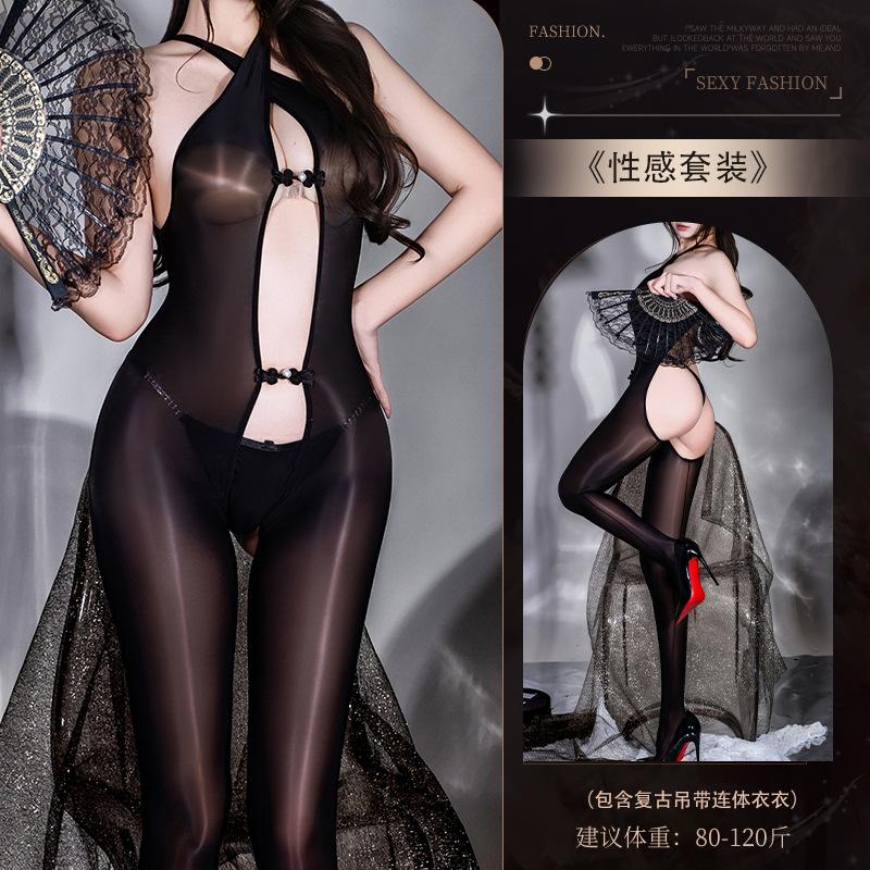 Sex underwear D horse oil half open cross neck onesie uniform temptation oil bright whole body one-piece black silk open file