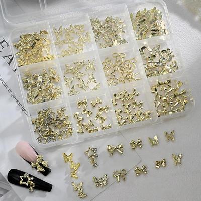 96/120 szt. 3D Złoty Kokardka Motyl Metalowe Charmsy Błyszczący Krawat/Diamentowa Gwiazda Akcesoria do Dekoracji Paznokci DIY Luksusowe Materiały do Zdobienia Paznokci