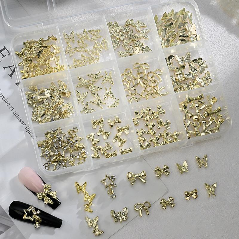 96/120Pcs 3D Gold Bow Butterfly Nail Metal Charms Shiny Bowtie/Diamond Star Diy Nail Decor Accessories Luxury Nail Art Supplies