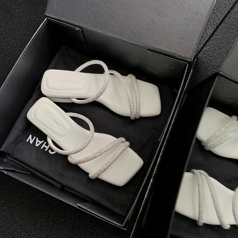 

Rhinestone open-toed sandals female 2025 new summer square head simple versatile fairy shoes 35