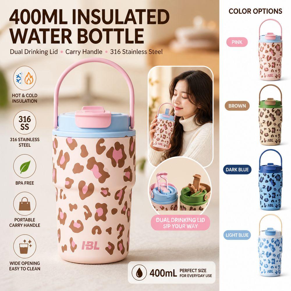 Dual Drinking Lid Insulated Water Bottle Leopard Print Portable Thermal Flask School Use