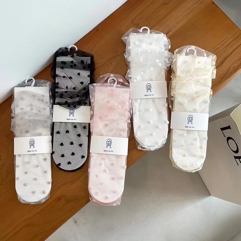 Women's Harajuku Breathable Transparent Mesh Small Love Socks.Lady Net Yarn Fishnet Love Socks