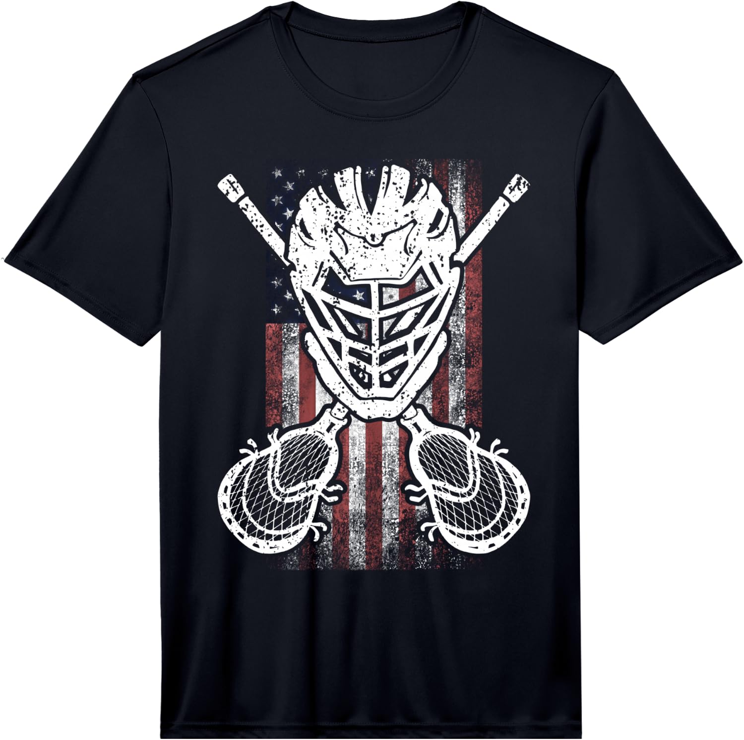 Lacrosse American Flag Stick and Helmet Funny Gift Performance Unisex T-Shirt M
