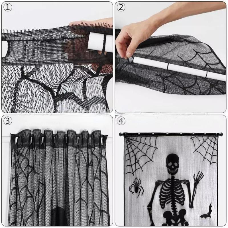 Window Spider Witch Bat Skull Door Curtain Halloween Ghost Festival Black Lace Curtain Halloween Atmosphere Decoration Family Gathering Decoration