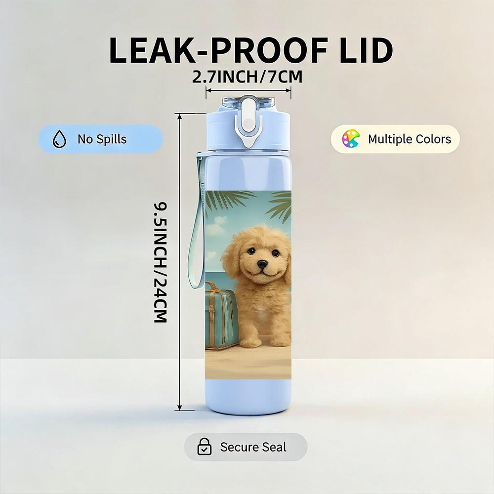 1PC Puppy Dog Beach Luggage Scene Print 750ml Color Plastic Sports Water Bottle Leakproof Flip Straw Lid Suitable for Sports Office Home Use