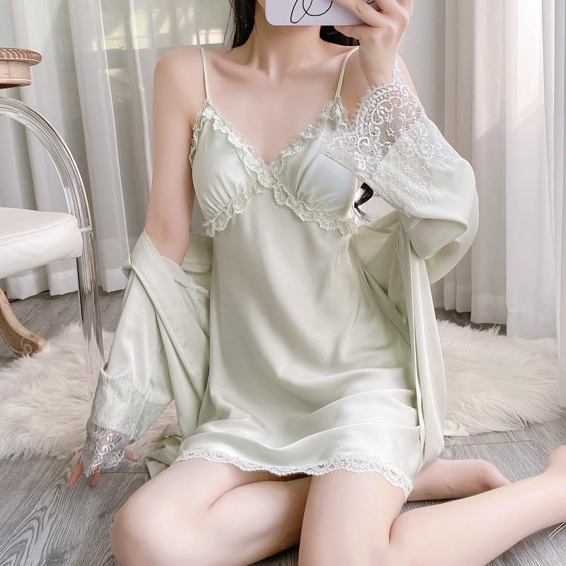 Summer Ice Silk Sexy Nightgown Set - Women’s Thin Suspender Dress with Beautiful Back Design