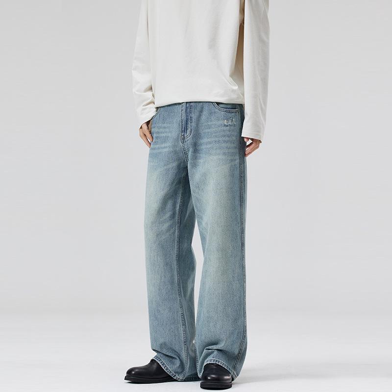 LKTM Men's & Women's Trendy Light Blue Washed Jeans - Versatile Loose Straight Leg Pants for Spring/Summer