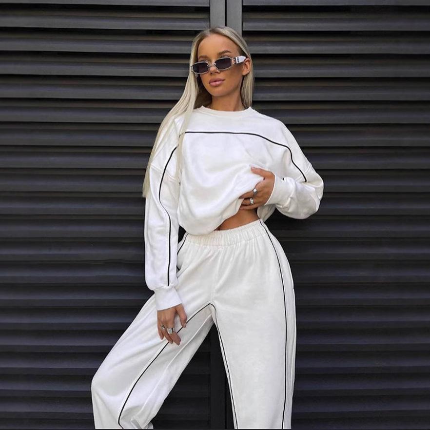 Damen Streetwear Mode Langarm Gestreifter Hoodie Hose Set Lässiges Zweiteiliges Lounge Outfit
