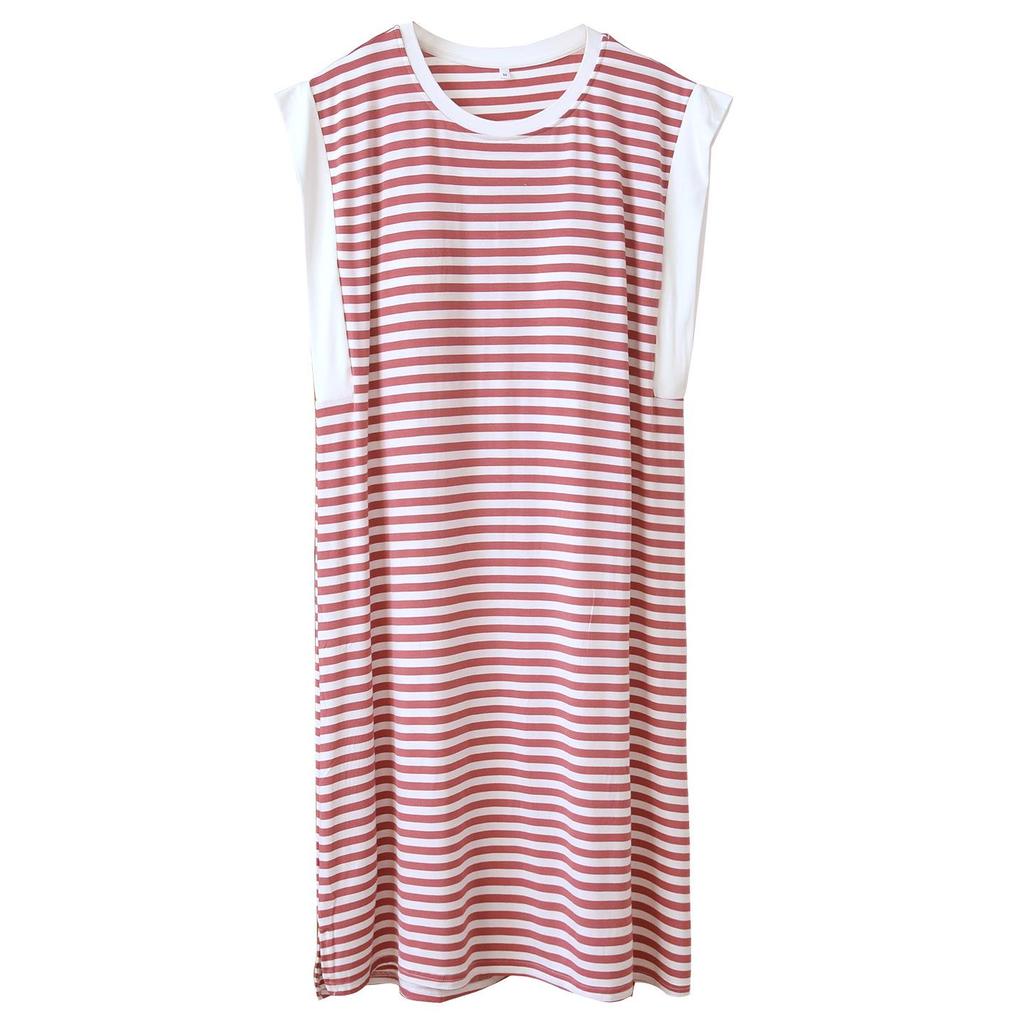 Sleeveless Women's Striped Mid-Length Nightgown with Chest Pads and Wide Straps for Summer, Outdoor Wear, and Home Pajamas.
