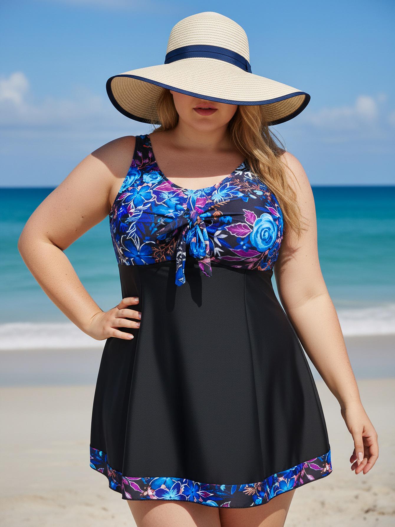 Plus Size Floral Tankini Swim Skirt Set - Blue/Purple 5XL синий