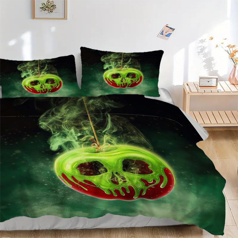 

3 шт. Постельное белье с рисунком «Отравленное яблоко» на Хэллоуин, 1* Пододеяльник + 2* Наволочки, Постельное белье с принтом, Мягкое и удобное 135x200cm