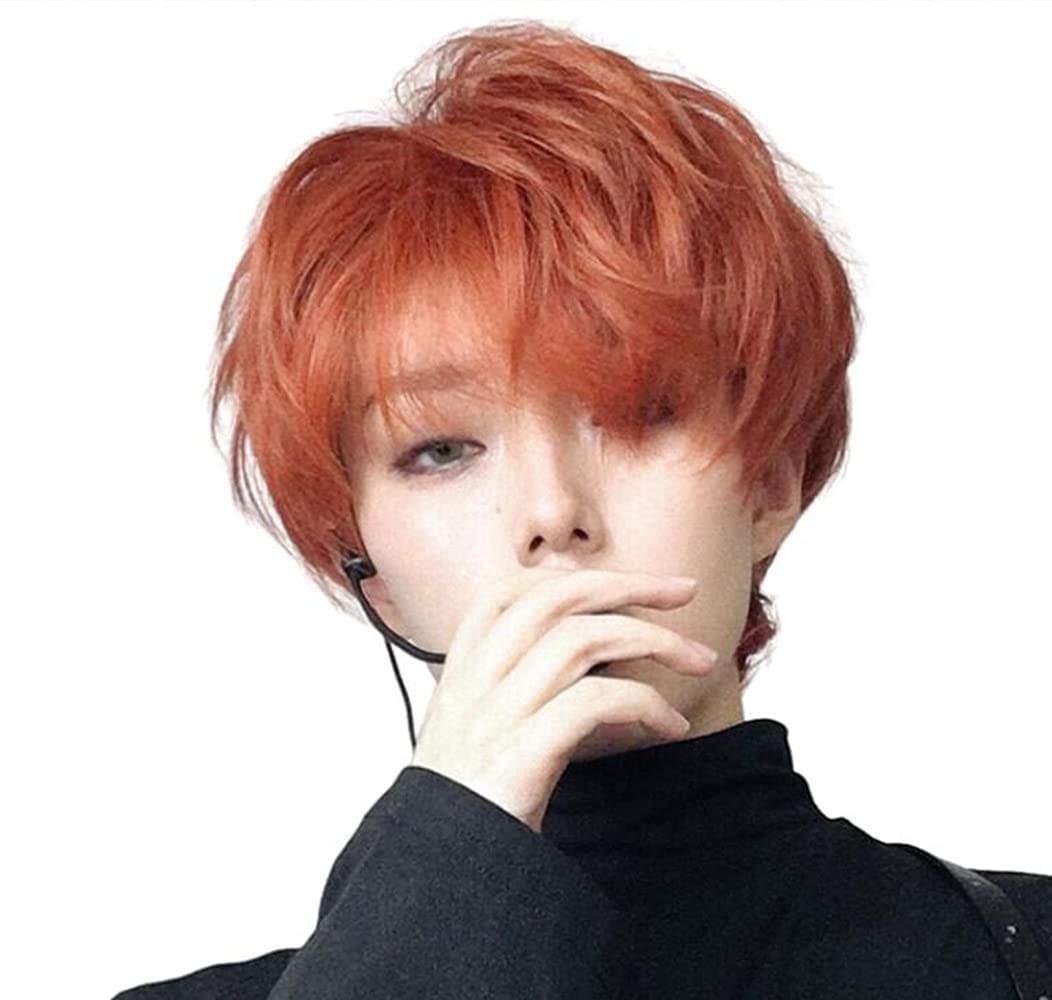 

Men s Harajuku-style full wig, orange, short, popular, fashionable, with a net, natural-looking, unisex.