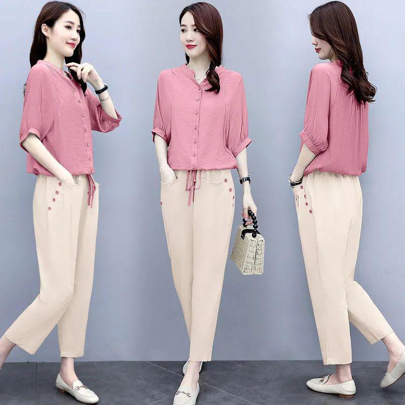 Women's 2024 Summer Korean-Style Linen Suit: Fashionable Loose Slimming Two-Piece Set
