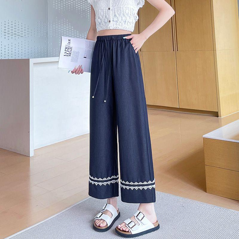 

Women s High-Waisted Lace Trim Ice-Feel Denim Wide-Leg Pants, Spring/Summer 2026 - Slimming Drape, Nine-Point Straight-Leg S [Recommended for 90-100 lbs] джинсовый синий