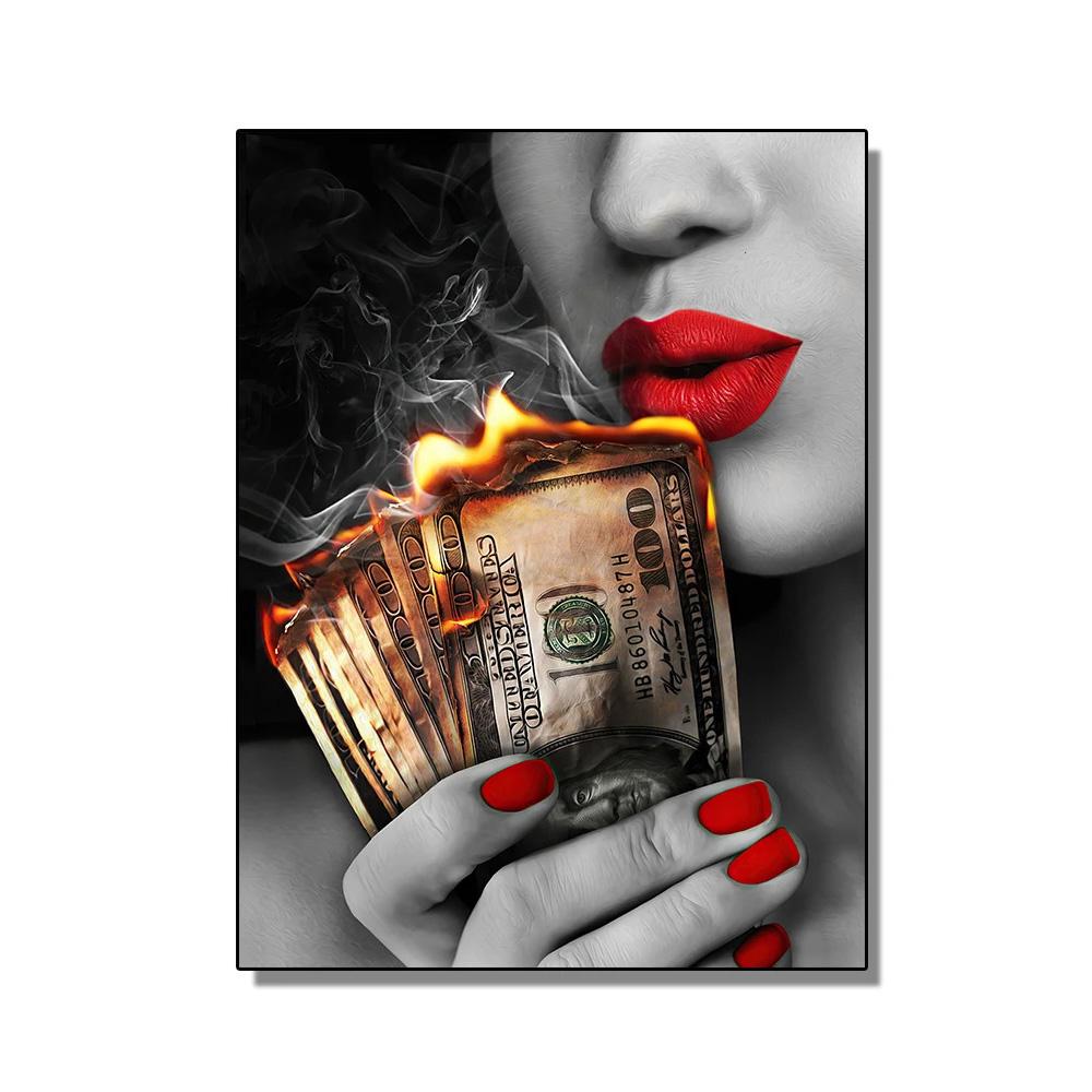 Sexy Woman Red Lips Burning Dollars Money Posters Canvas Painting Luxury Watch Fashion Wall Art Living Room Home Decor