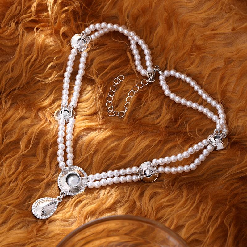 Pearl retro diamond necklace French temperament high-end niche design double-layer woven beaded collarbone chain