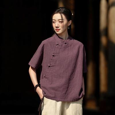 Women Vintage Summer Shirts Tops Stand Short Sleeve Blouses Solid Color Button Loose Chinese Style Shirts