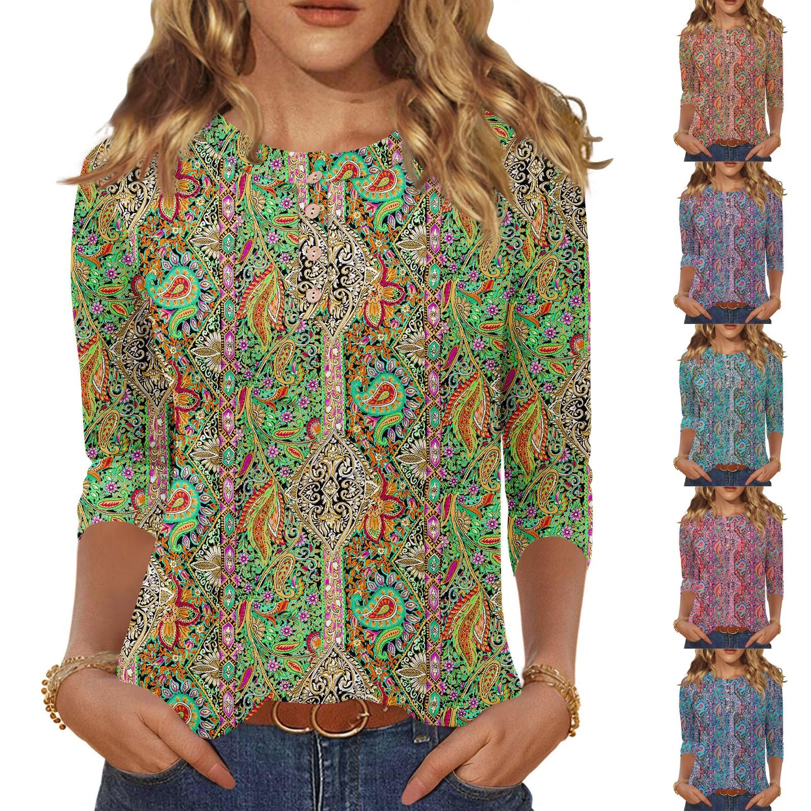 

3/4 Sleeve Shirts For Women Button Down Shirt Top For Women Half Button Down Print Graphic Blouse L зелений