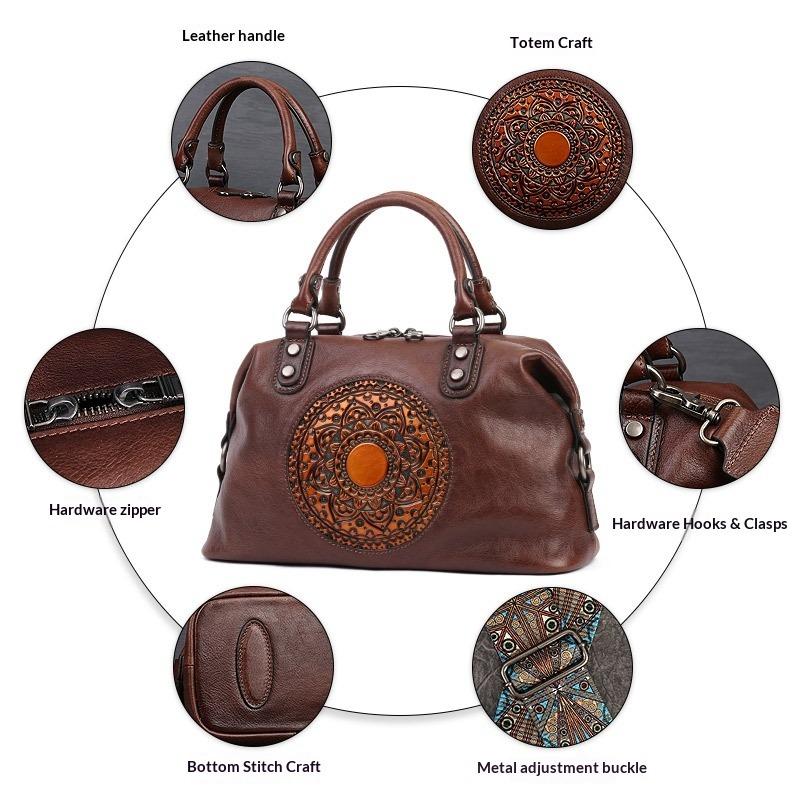 Embossed Totem Tote Bag First Layer Cowhide Commuting Handbag Large Capacity Single Shoulder Oblique Span Dumpling Bag Commuting Must