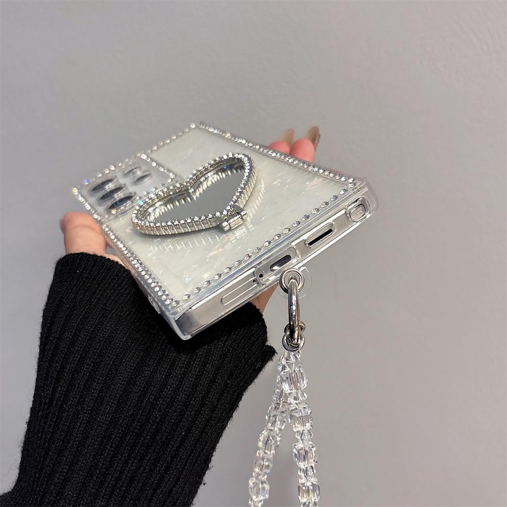 Wrist Strap Love Heart Mirror Diamond Bling Holder Phone Case for Samsung Galaxy S23 S24 S25 Plus S26 Ultra A07 A17 A16 A36 A56