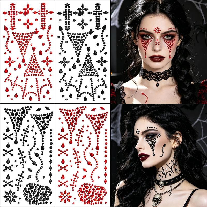 1Pcs Halloween Face Stickers Red Black Spider Web Cross Scar Self-Adhesive Gem Decals Horror Cosplay Makeup Ornament