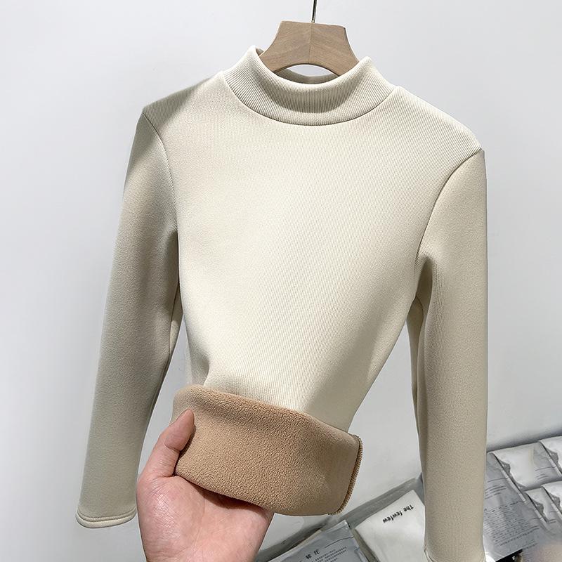 H331 Women's Slim Fit Knitted Half Turtleneck Sweater - Plus Velvet, Warm Long Sleeve Top for Autumn and Winter