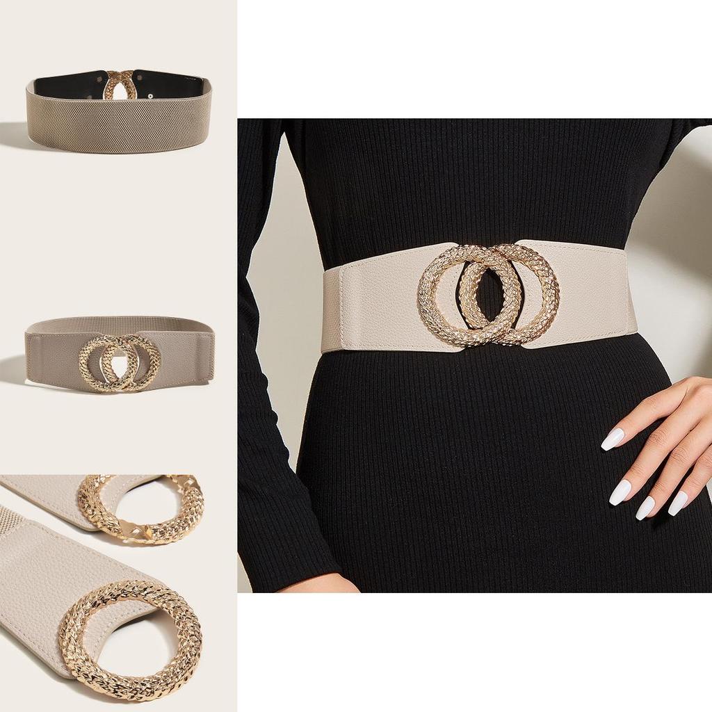 Ethnic Style Leather Wide Waist Belt With Double Alloy Buckle For Feminine Dresses And Jackets