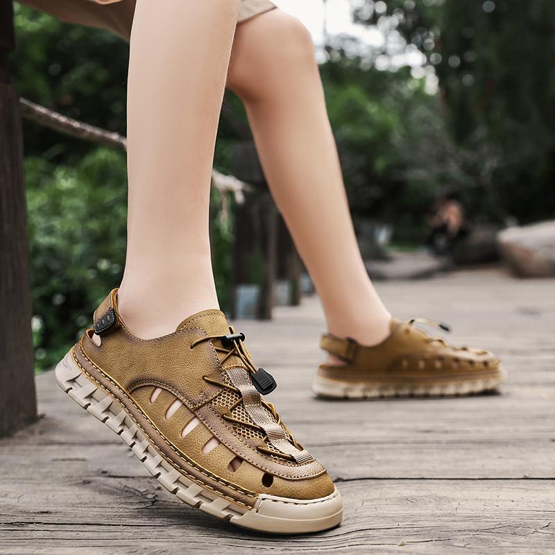 Men Sandals New Elastic Band Leather Hollow Breathable Comfortable Lightweight Summer Outdoor Beach Walking Sandals for Teen