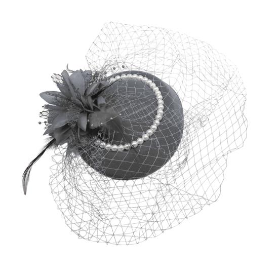 Vintage Style Pillbox Hat with Faux Pearls Mesh Feather Decor Hair Topper Headwear Weddings Events Hair Accessories