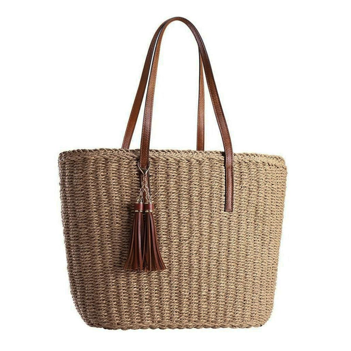 

Grass Weave Tote Bag for Women Fashion Straw Bag with PU Leather Large Capacity Shoulder Crossbody Beach Handbag Summer Vacation