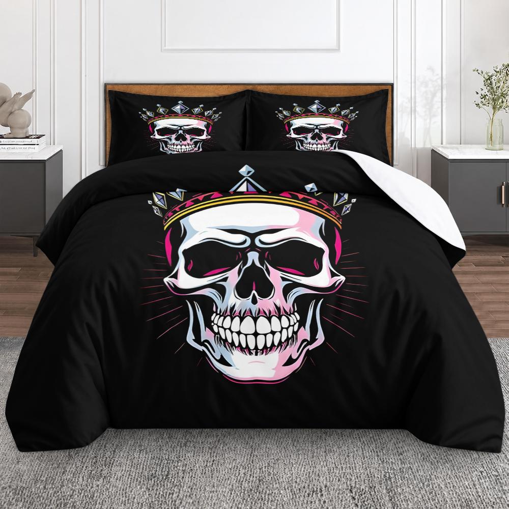 3 Piece Bedding Set Skull with Diamond Gem Crown Pink Black Tattoo Duvet Cover Set, Edgy Gothic Bedding for Teens Men Women Bedroom Decor