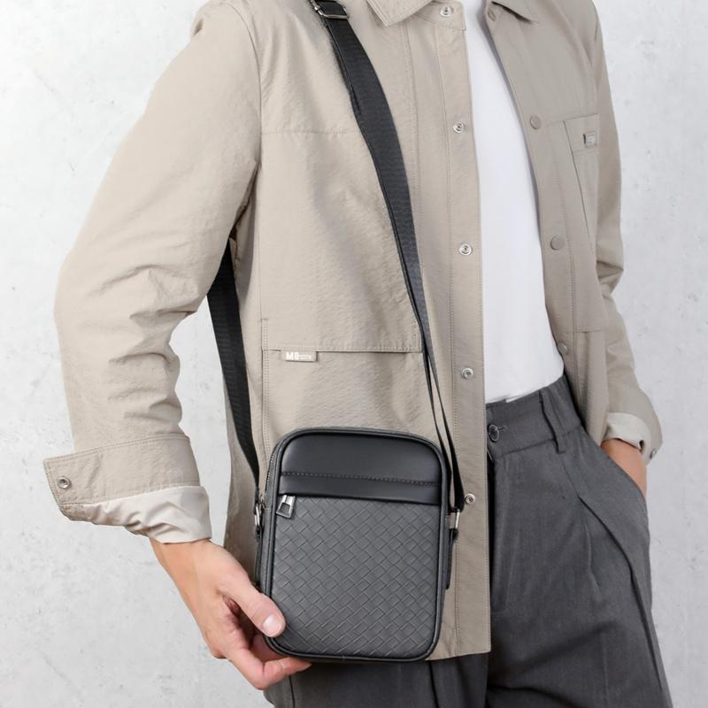 WEIXIER Men's Crossbody Bags Fashion, Casual Woven PU Leather Shoulder Bag for Business, Vertical Sling Bag for Men