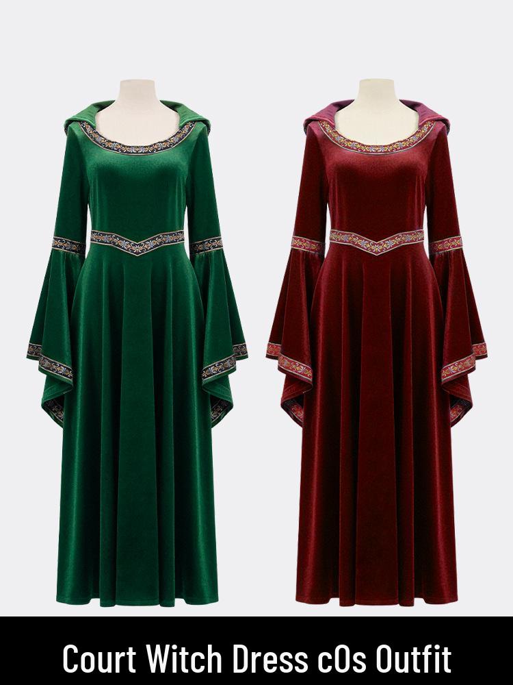 Medieval Renaissance Witch Cosplay Bell Sleeve Dress In Wine Red