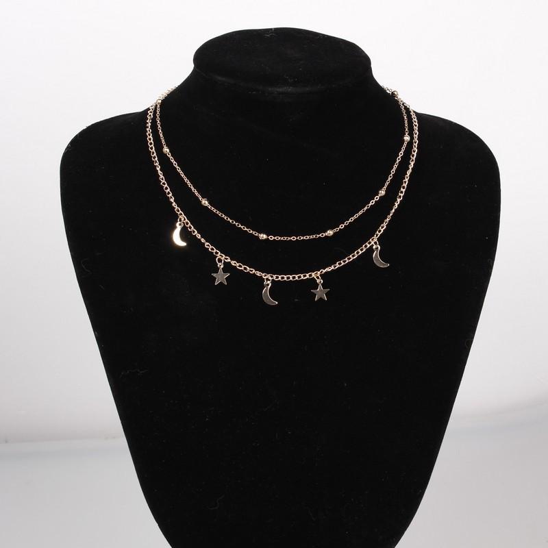 Korean Style Double Necklace with Moon and Star Pendant