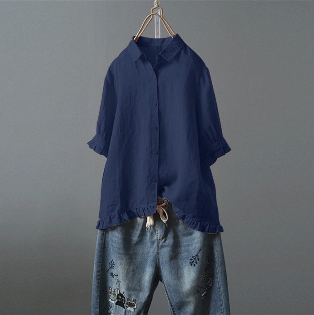 

Жіноча одноколірна футболка з відкладним коміром із середнім рукавом із мереживним ґудзиком, верхня блуза XXXL Темно-синій