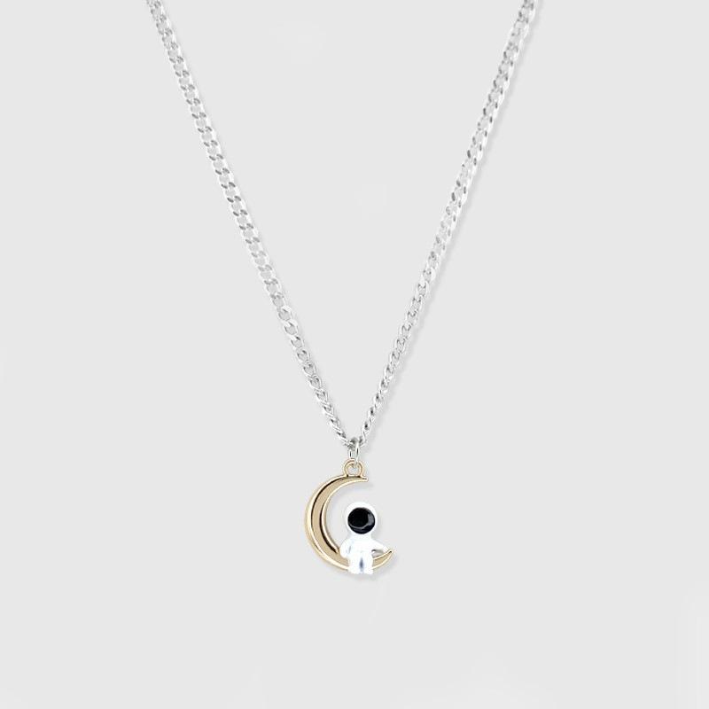 Fashion Moon Star Crystal Spaceman Pendant Necklaces for Women Men Jewelry Couple Astronaut Jewellery Lovers Gift Link Chain