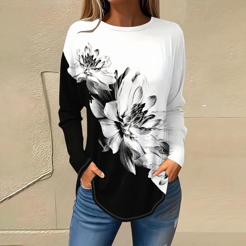 Plus Size Butterfly Print Sports-Shirt Casual Long Sleeve Round Neck Pullover Women's Plus Size Clothing