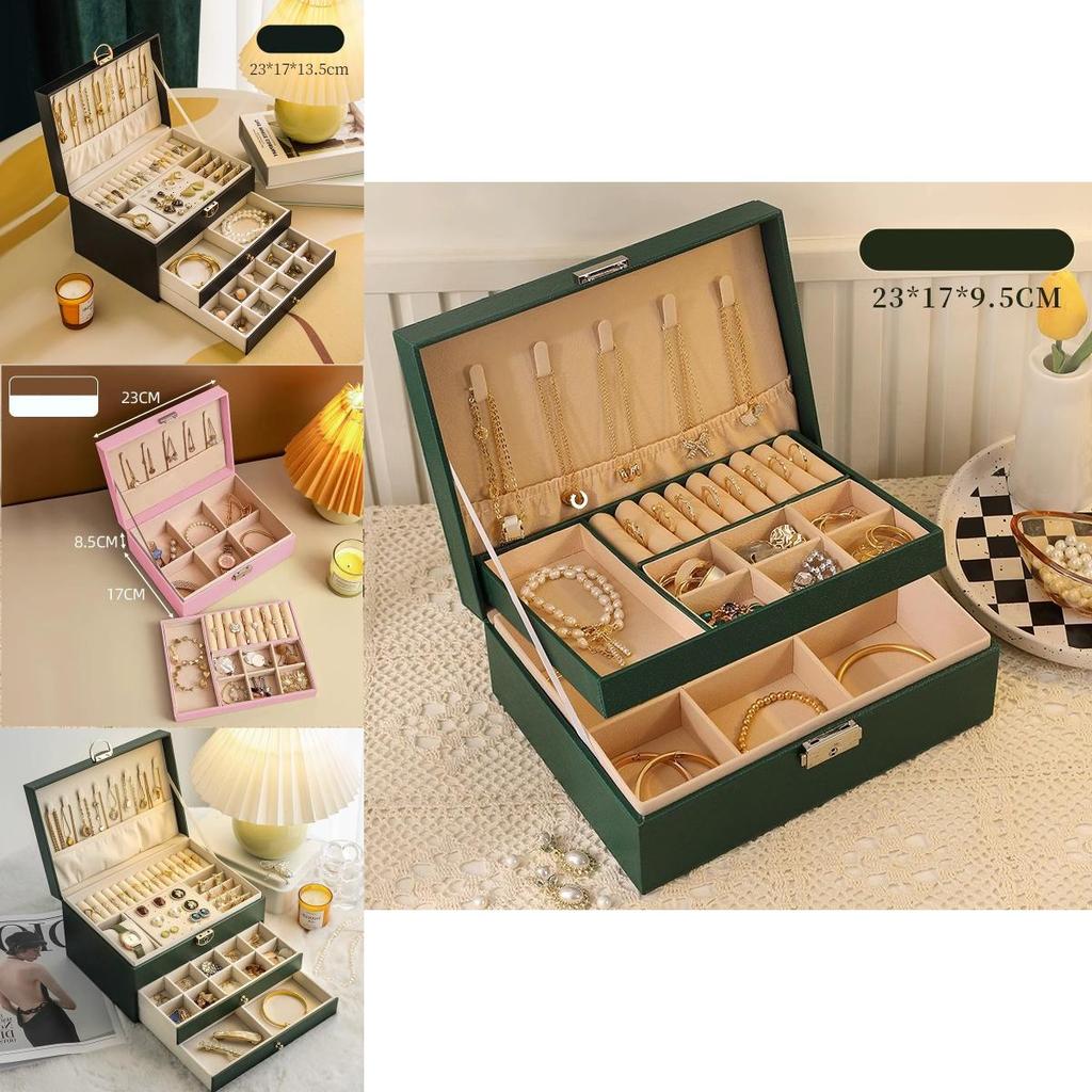 Classic Leather Jewelry Box With Multiple Layers For Elegant Storage Of Earrings Rings And Necklaces