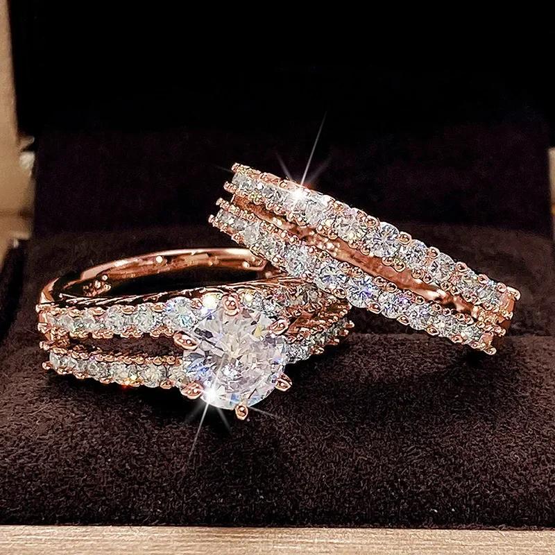 

2Pcs Trendy Hollow Set Rings For Women Iced Out Full Bling Cz Stone Luxury Wedding Engagement Jewelry Drop Shipping 12