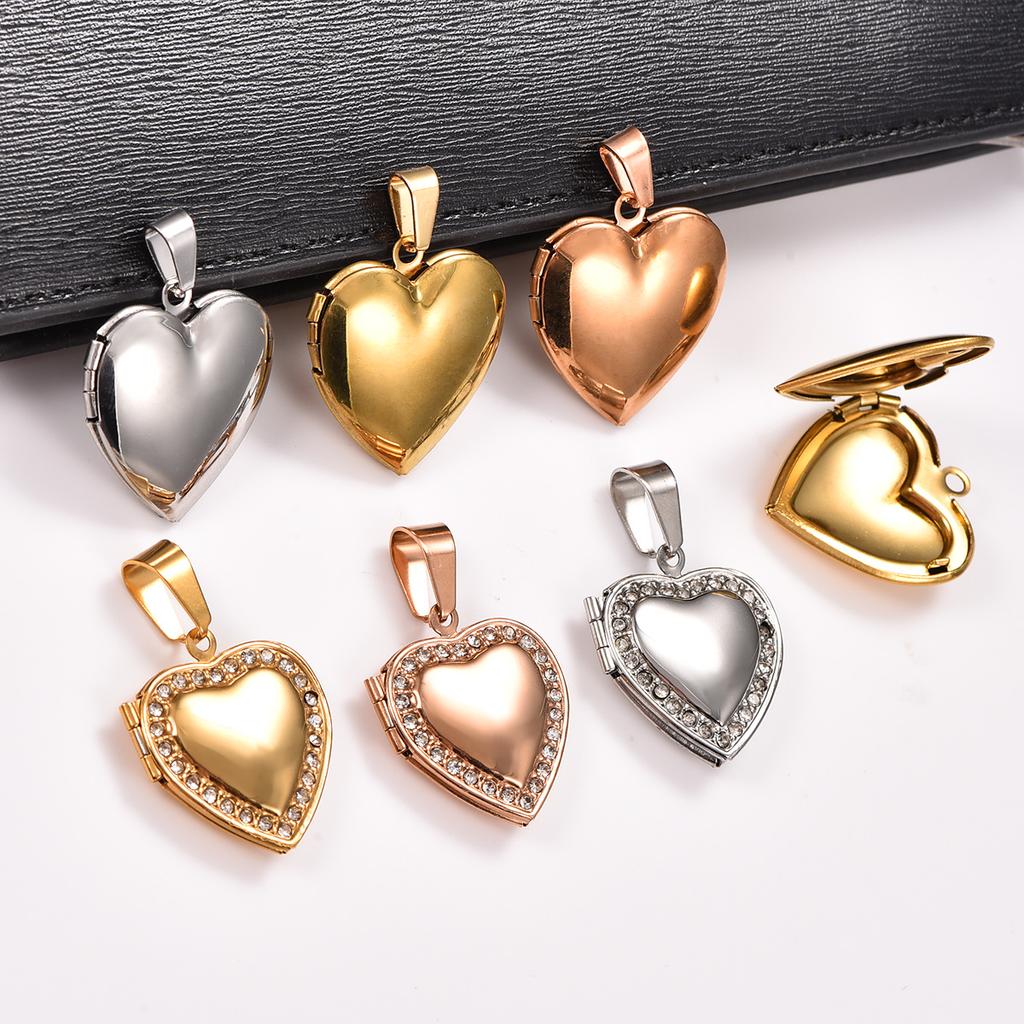 Stainless Steel Zirconia Heart Photo Locket Pendant Openable Picture Box Frame Charms Chain Necklace for Women Men Metal Jewelry