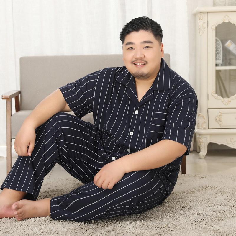 Мужской хлопковый пижамный комплект Mei Ji Yun с лацканами - Короткий рукав, Длинные брюки, Большой размер 3XL (180-210 jin)