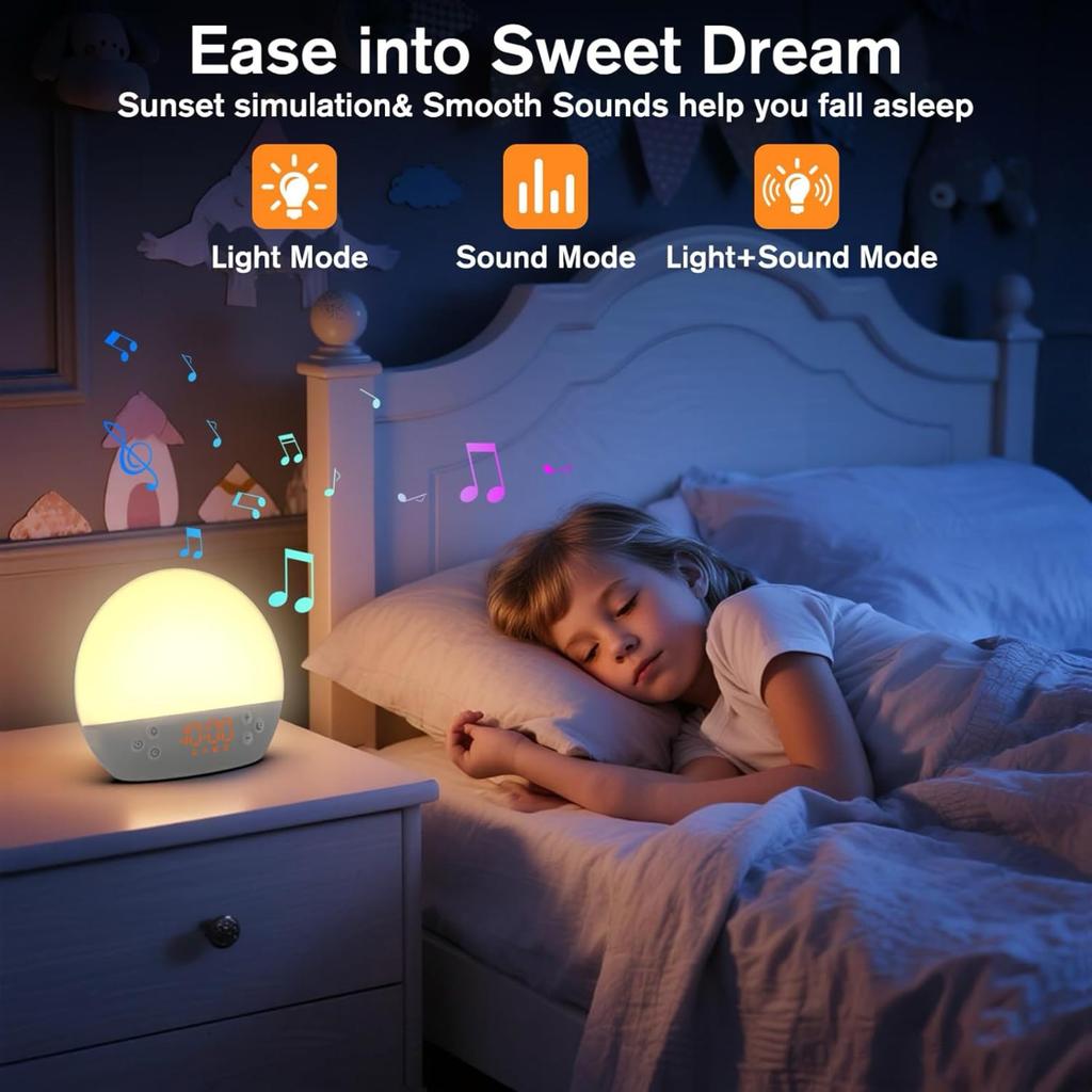 Wake Up Lights Bedside Dimmable Night Light with 30 Sleep Sounds White Noise Machine Sunrise Alarm Clocks for Heavy Sleeper Gift