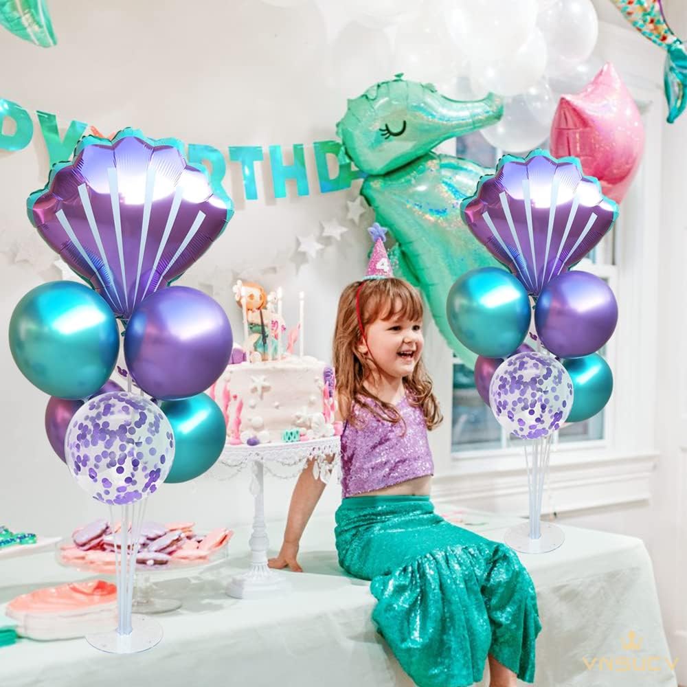Mermaid Table Centerpiece Balloons Stand Kit 2 Sets with 2 Sea Shells Foil Balloons 14 Purple Blue Latex Balloons for Birthday Beach Mermaid Theme