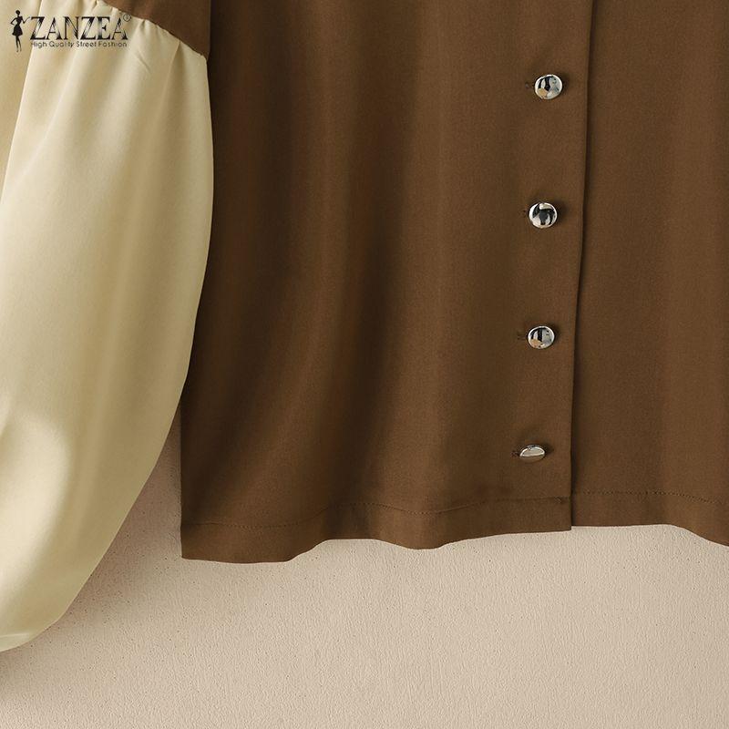 ZANZEA Women CasuaL Stand Collar Splice Puff Long Sleeve Blouse