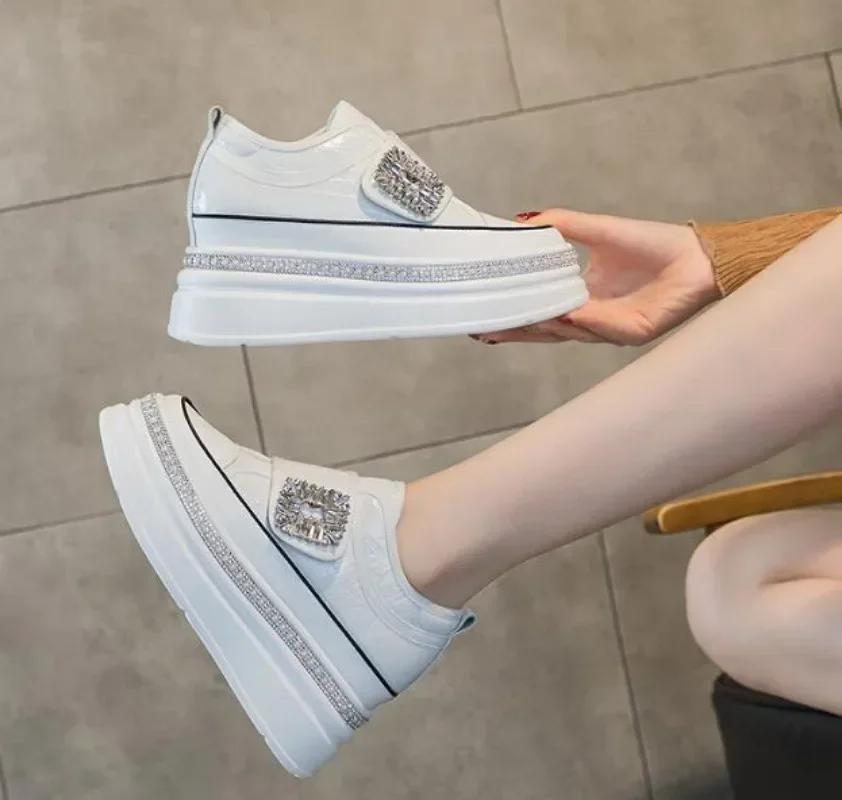 Fashion 8cm Crystal High Top Women Genuine Leather Platform Boots Wedge Hidden Heel Hook Spring Autumn Bling Shoes Sneakers Ankle Boots