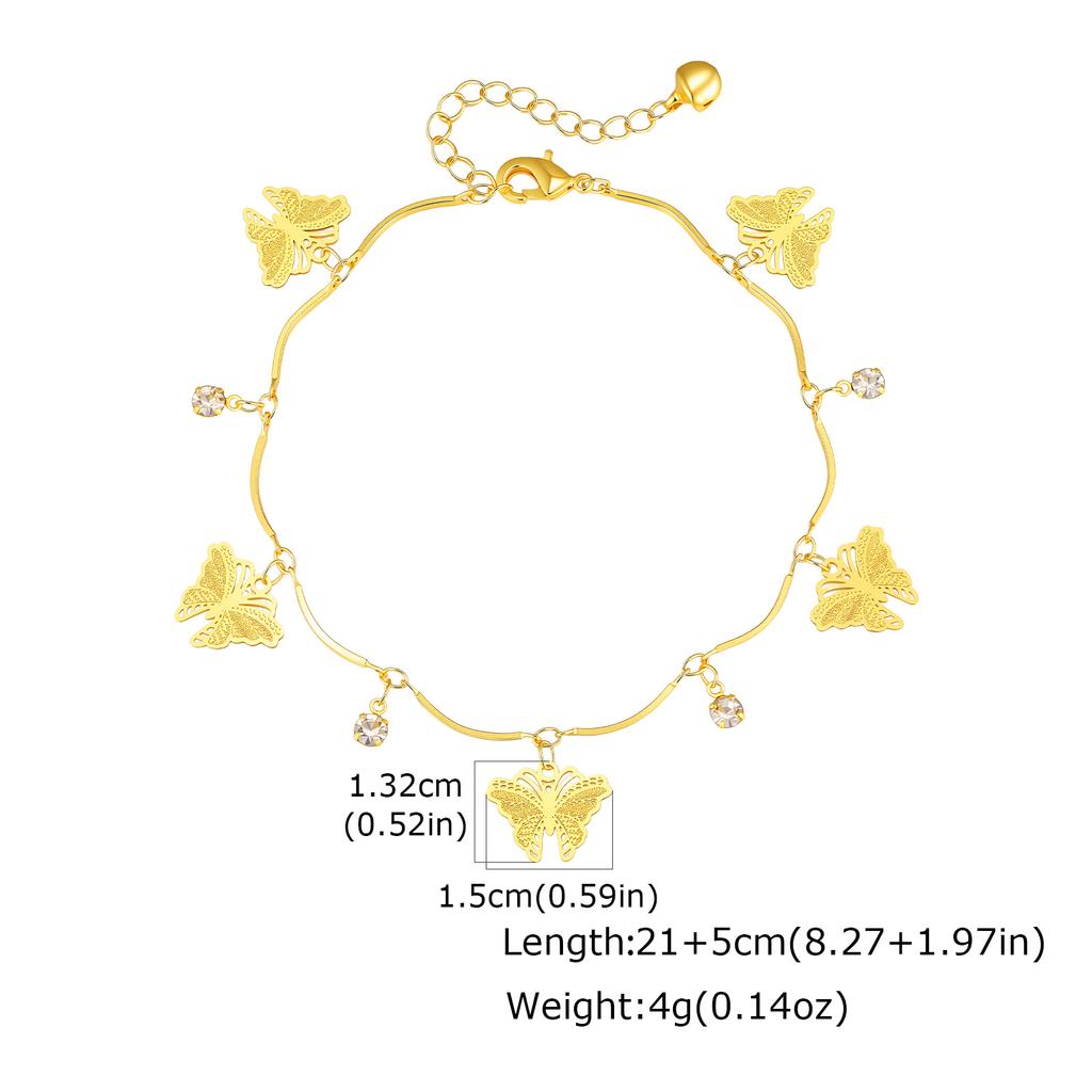 Gold Color Leaf Butterfly Zircon Anklet for Women, Exquisite Fashion Adjustable Chain Ankle Bracelets, Elegant Foot Jewelry