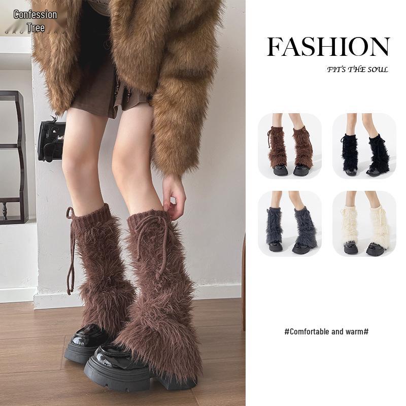 Damen Schnür-Fell-Scrunchy-Beinstulpen - Dick, Plüschig, Y2K-Stil für Herbst/Winter